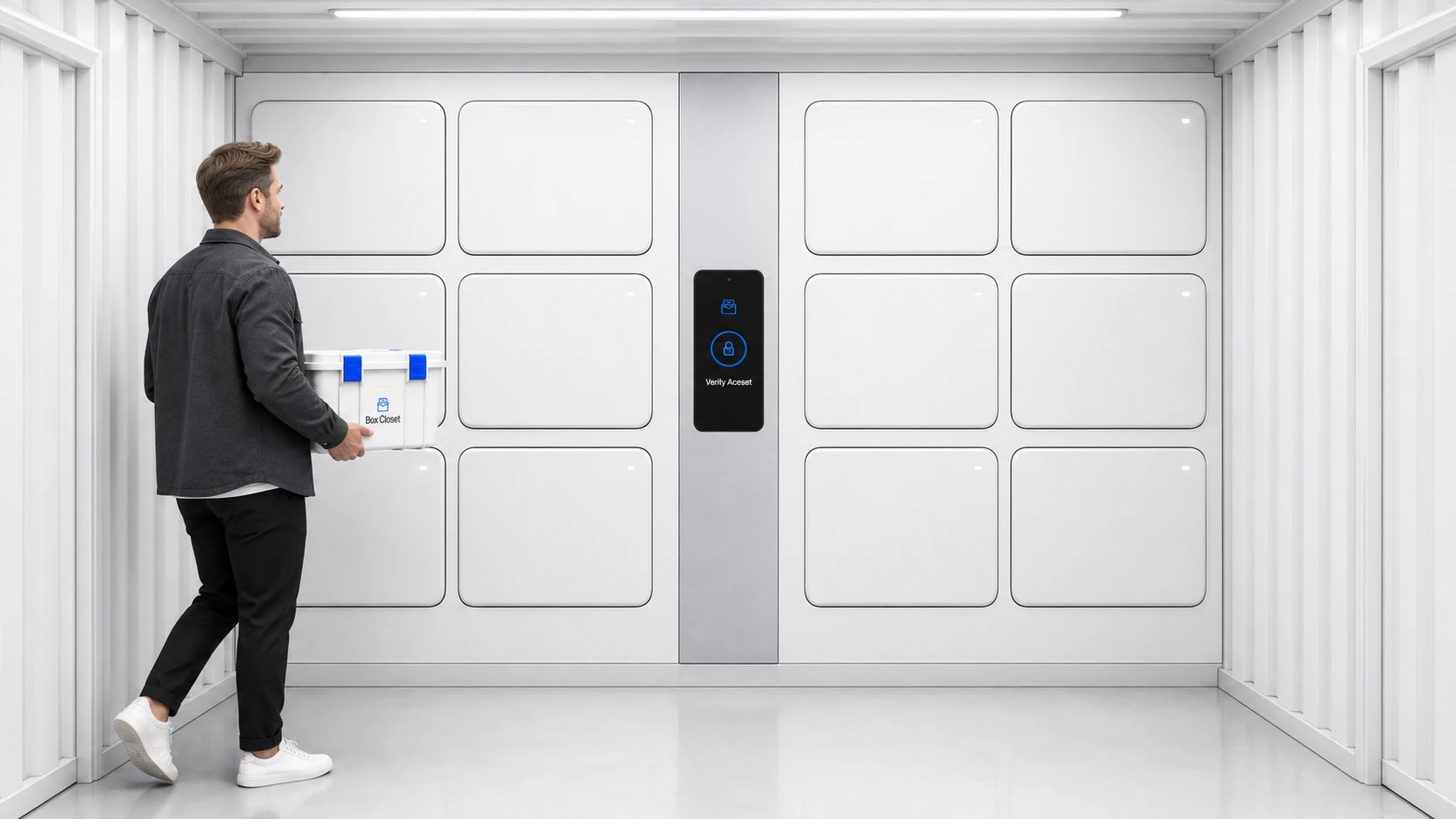 Resident approaching a compact white Box Closet vault in an apartment building
