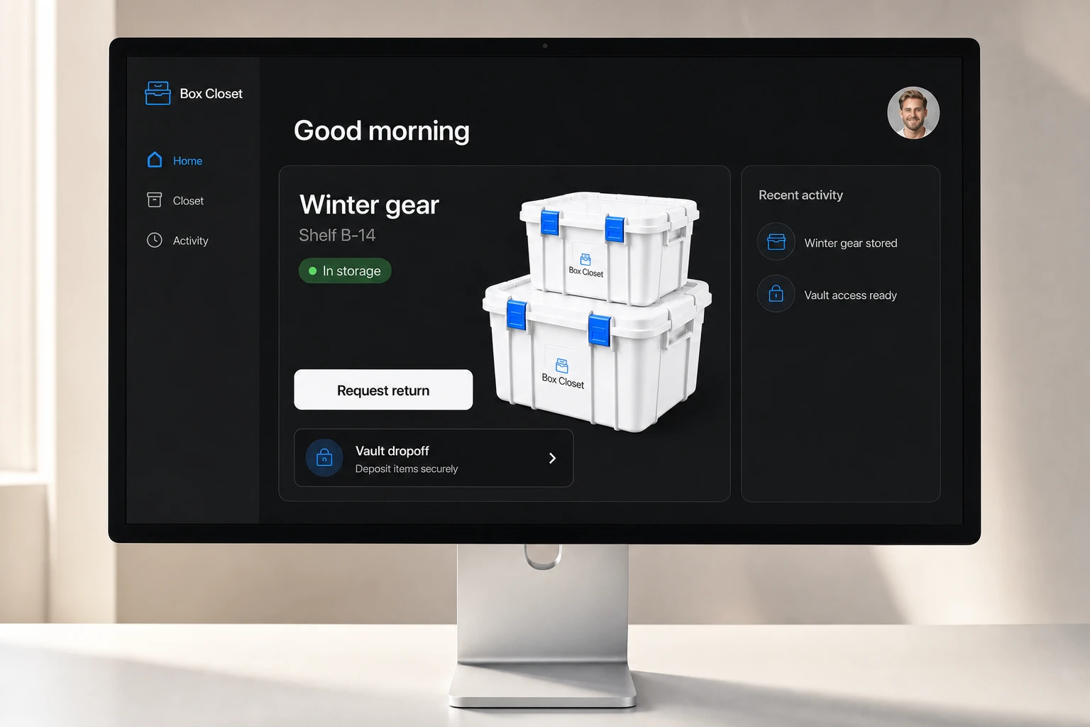Box Closet web portal concept on a desktop display
